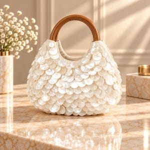 Peut inclure: Un sac à main doté d'une anse arrondie en bois et d'un corps recouvert de disques circulaires blancs superposés rappelant des coquillages. Le sac présente une ouverture en forme de croissant et une base structurée avec des reflets lumineux.