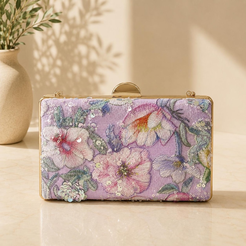 Purple clutches and evening bags - Lilac floral bridal clutch