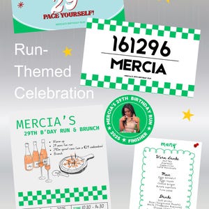 Puede incluir: Un conjunto de materiales impresos para una carrera y brunch de 29 cumpleaños, que incluye un cartel azul claro con bordes verdes, un dorsal blanco con cuadros verdes, una invitación blanca, una pegatina circular y un menú.