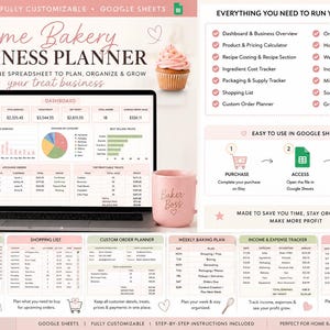May include: A digital home bakery business planner spreadsheet for Google Sheets displayed on a laptop screen. The layout includes a dashboard, order tracker, recipe costing, ingredient tracker, and income logs with pink and white accents.