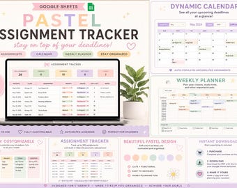 Könnte beinhalten: Eine digitale Google Sheets Vorlage für einen Aufgaben-Tracker in Pastellfarben auf einem Laptop-Bildschirm, mit dynamischem Kalender, Wochenplaner und Aufgabenverwaltungs-Dashboard mit farbcodierten Feldern und strukturierten Tabellen.