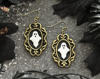 Framed Ghost Earrings - 14k Gold Plated, Vintage Look, Metallic Gold Detailing