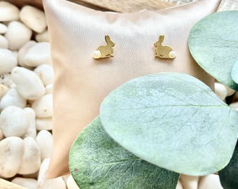 Bunny Earrings, 14k gold plated with pearl tail, Easter and Spring