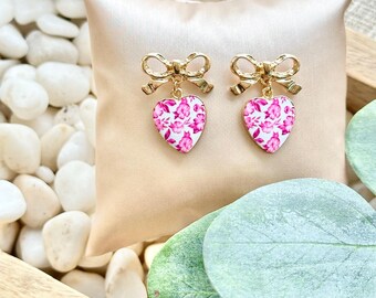 Heart Bow Chinoiserie Floral Earrings, Spring