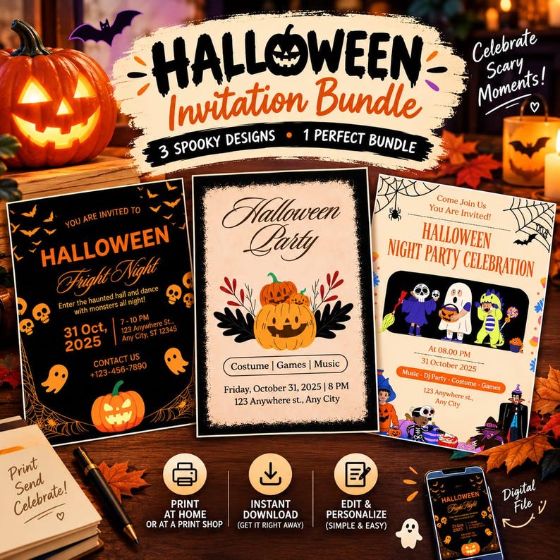 Backpack Temptale Halloween Invitation Bundle Set of 3, Printable Party Templates Pack ...