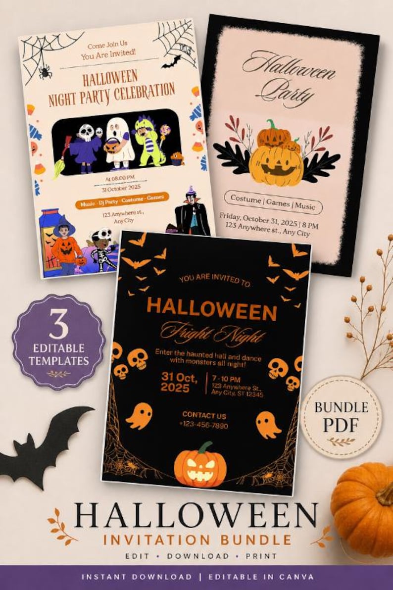 Backpack Temptale Halloween Invitation Bundle Set of 3, Printable Party Templates Pack ...