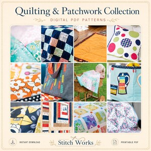 Op de afbeelding: Een digitale PDF-patronencollectie getiteld Quilting & Patchwork Collection van Stitch Works. De afbeelding toont een raster van twaalf gevarieerde doorgestikte items, waaronder dekens, kussens en tassen met bloem-, geometrische en applicatieontwerpen.
