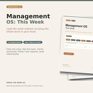Pode incluir: Um documento de sistema operacional de gestão intitulado Management OS: This Week. O layout apresenta texto, botões e um modelo de planejador semanal com seções para tarefas de equipe, capacidade e liderança intencional.