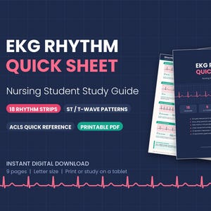May include: An EKG Rhythm Quick Sheet nursing student study guide featuring 18 rhythm strips, ST/T-wave patterns, and ACLS quick reference. The dark blue document includes a pink heart icon, grid lines, and text detailing 9 pages in letter size.