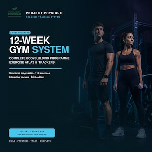 Könnte beinhalten: Ein digitaler und gedruckter 12-Wochen-Fitness-System-Leitfaden mit dem Titel Project Physique Premium Training System. Der Text enthält 12-week programme, complete bodybuilding programme exercise atlas & trackers, structured progression, 110 exercises, interactive trackers, print edition und digital + print PDF.