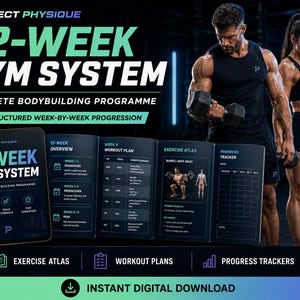 May include: A digital 12-week gym system bodybuilding program featuring a tablet display, workout plans, exercise atlas, and progress trackers. The text reads Project Physique 12-Week Gym System Complete Bodybuilding Programme and Instant Digital Download.
