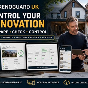 Op de afbeelding: Een digitale Renoguard UK platforminterface weergegeven op een laptop, tablet en smartphone, met projectoverzichten, offertevergelijkingen en opleverpuntenlijsten. De tekst luidt Control Your Renovation, Compare, Check, Control, Quotes, Payments, Variations, Evidence, Handover.