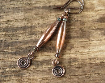 Long copper dangle earrings / oxidized solid copper earrings / spiral earrings / blue brown picasso Czech glass beads