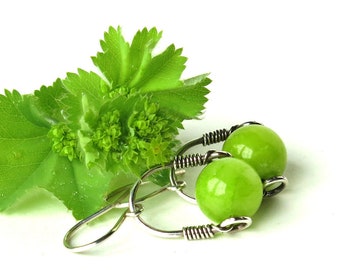Lime green sterling silver earrings wire wrapped mountain jade chartreuse gemstone bead