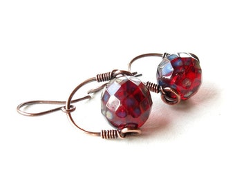 Red Czech Glass Earrings: Handmade Copper Wire Wrapped Jewelry