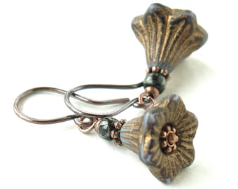 Dark flower earrings / copper earrings/ black earrings / black flower / Picasso Czech glass flower earrings / floral jewelry
