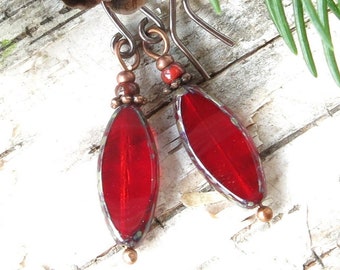 Red Czech Glass Earrings, Long Dangle Earrings, Copper Jewelry