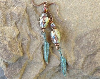 Long dangle earrings / verdigris feather earrings / oxidized copper jewelry / Picasso Czech glass earrings / turquoise blue earrings