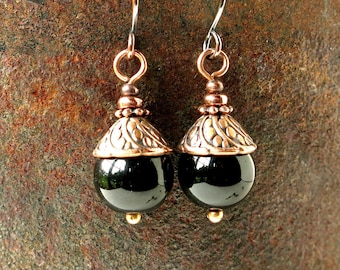 Black onyx earrings - gemstone bead drops w/ antiqued copper leaves