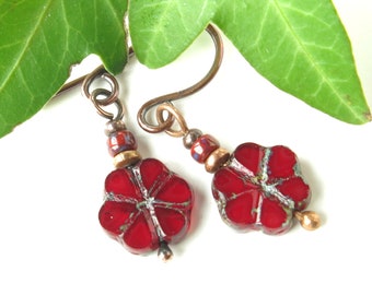 Red flower earrings / Picasso Czech glass beads / copper earrings / floral jewelry / red earrings / nature jewelry / gardener gift