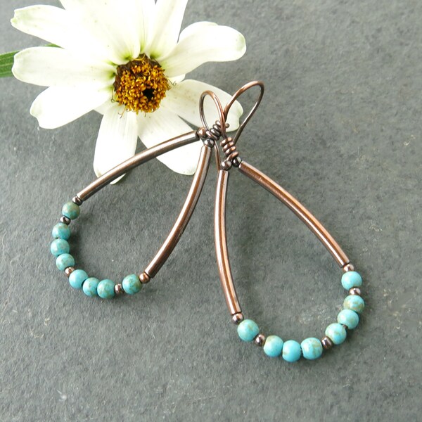 Turquoise hoop earrings / copper teardrop hoop earrings / Southwestern jewelry / copper jewelry