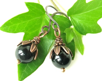 Black onyx earrings / gemstone bead earrings / antiqued copper earrings / berry & leaves / nature jewelry / black drop earrings