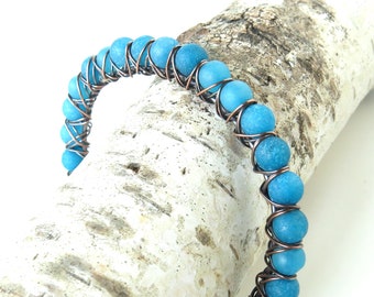 Teal blue bracelet / copper wire wrapped jewelry / blue stone bead bangle / blue jewelry