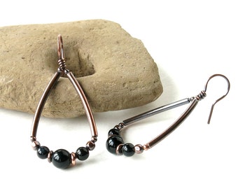 Copper teardrop hoops - black onyx gemstone beads