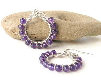 February birthstone earrings / purple amethyst earrings / sterling silver earrings / gemstone  earrings / silver wire wrapped hoops