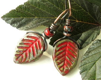 Rustic red leaf earrings / Antiqued copper earrings / Picasso Czech glass beads / nature earrings / nature jewelry