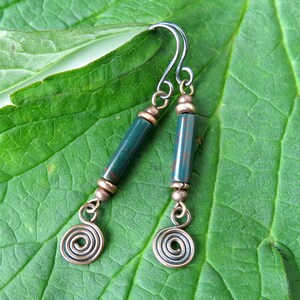 March birthstone earrings / Bloodstone & copper dangles / forest green earrings / birthstone jewelry / copper spiral earrings /