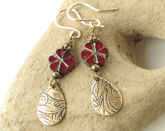 Red flower earrings / ruby Picasso Czech glass / antiqued brass  teardrops / floral jewelry / nature jewelry / gardener gift / red jewelry