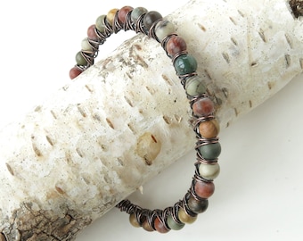 Stone bead bracelet copper wire wrapped multicolored Red Creek Jasper gemstones