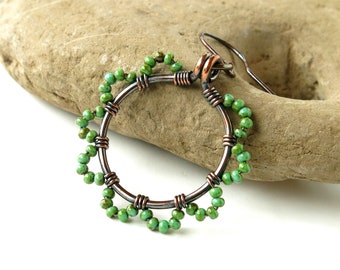 Handmade Copper Hoop Earrings: Turquoise Czech Glass Beaded Floral Jewelry