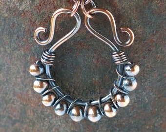 Copper hoop earrings / wire wrapped earrings / solid copper jewelry / handmade earrings / bead hoop earrings