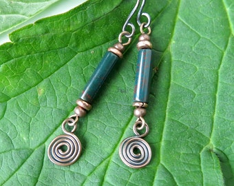 March birthstone earrings / Bloodstone & copper dangles / forest green earrings / birthstone jewelry / copper spiral earrings /