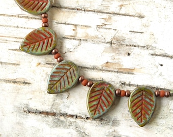 Leafy beaded necklace / rustic leaves & copper beads / nature jewelry / earth colors / adjustable length