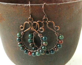 March birthstone earrings / Green bloodstone hoops / handmade earrings / copper wire wrapped jewelry / gemstone bead earrings / green stones