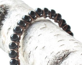 Black beaded bracelet - onyx gemstones & copper wire wrapped bangle