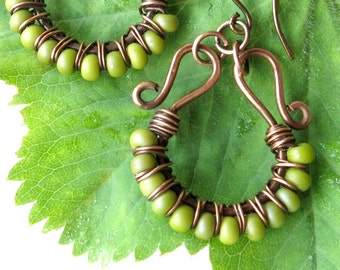 Lime green earrings - chartreuse beaded copper wire wrapped jewelry