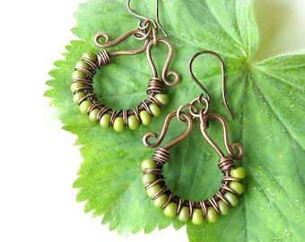 Lime green earrings - chartreuse beaded hoop earrings - copper wire wrapped jewelry - lime green jewelry - boho earrings