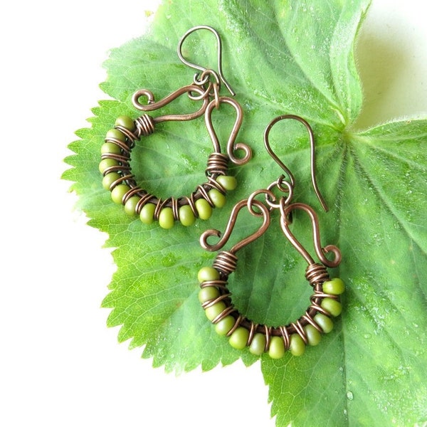 Lime green earrings - chartreuse beaded hoop earrings - copper wire wrapped jewelry - lime green jewelry - boho earrings