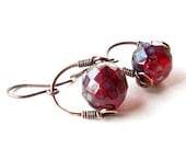 Dark cherry red earrings - copper wire wrapped frosted faceted Czech glass bead
