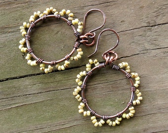 Beaded hoop earrings / white flower earrings / copper wire wrapped earrings / cream ivory Picasso Czech glass beads / handmade jewelry