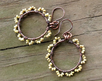 Beaded hoop earrings / white flower earrings / copper wire wrapped earrings / cream ivory Picasso Czech glass beads / handmade jewelry