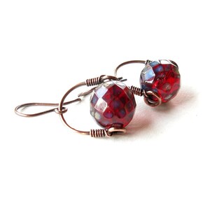 Red glass earrings / Valentine jewelry / copper wire wrapped jewelry / Czech glass beads / red jewelry / handmade earrings