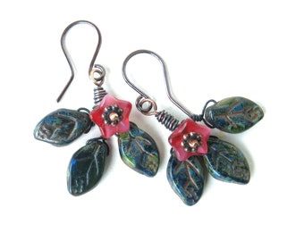 Pink flower earrings / floral jewelry / copper earrings / Picasso Czech glass beads / handmade earrings / spring earrings / gardener gift
