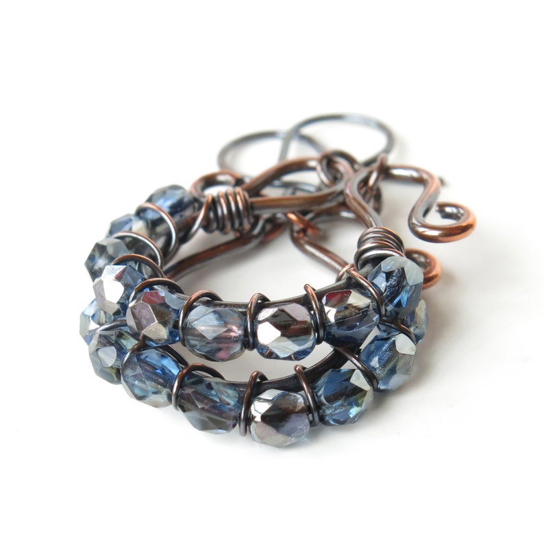 Blue beaded earrings copper wire wrapped sparkling faceted Czech glass bead hoops