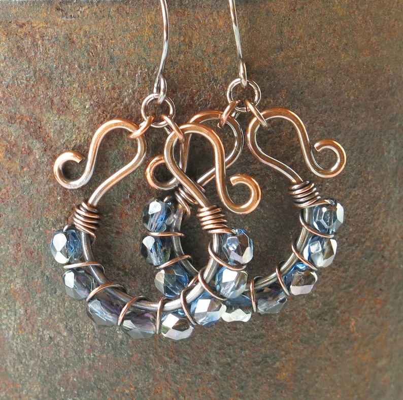 Blue beaded earrings copper wire wrapped sparkling faceted Czech glass bead hoops