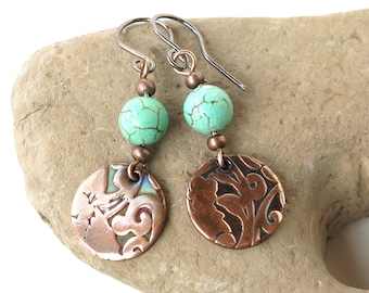 Turquoise Copper Dangle Earrings: Embossed Botanical Boho Jewelry